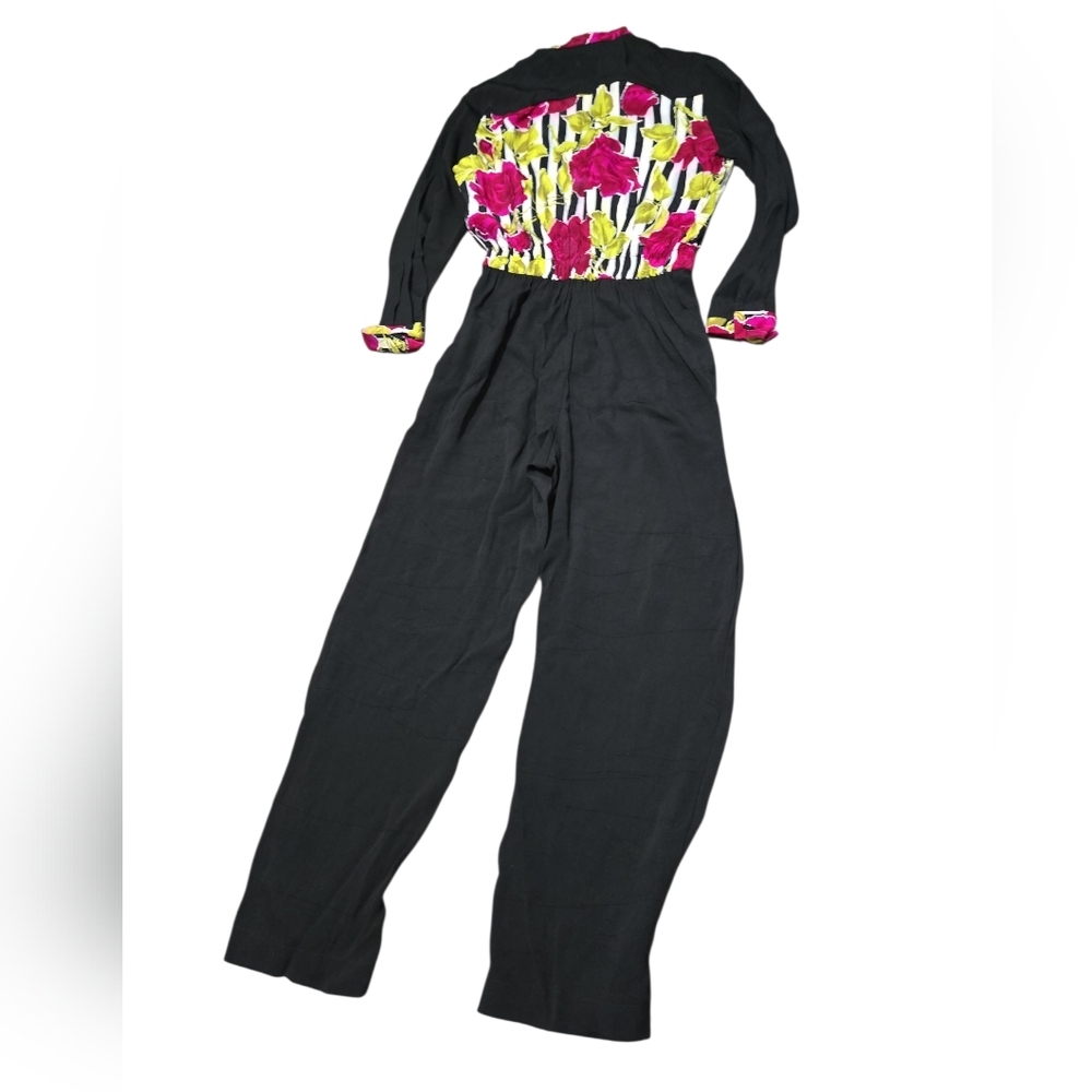 Vintage Saint Germain Paris Black Multicolor Stripes Floral Print Jumpsuit SZ 8 - Picture 2 of 10